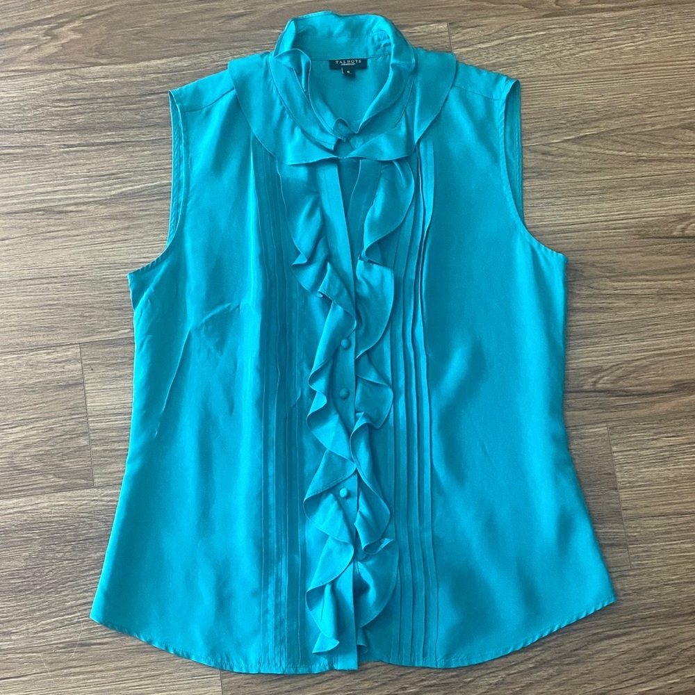 Talbots 100% Silk teal sleeveless blouse ruffle front button up sz 6 officewear